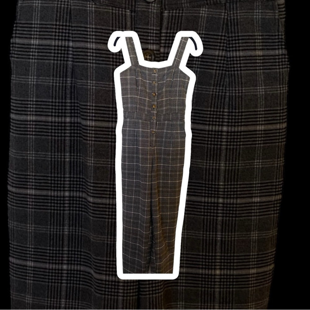 Hollister Grey, Black and White Plaid Flannel Button Front Jumpsuit